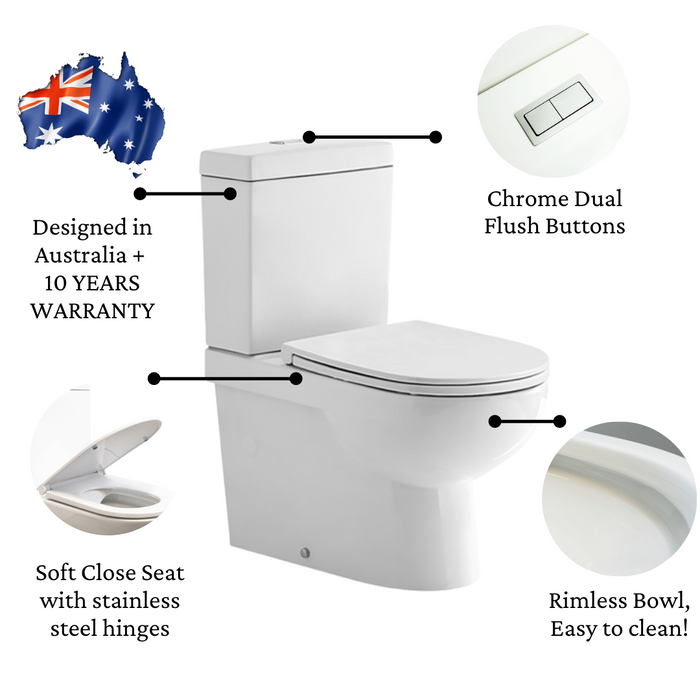 Indigo ridge toilet suite, designed in australia, 10 years warranty, soft close seat, stainless steel hinges, rimless bowl, easy to clean, chrome dual flush buttons