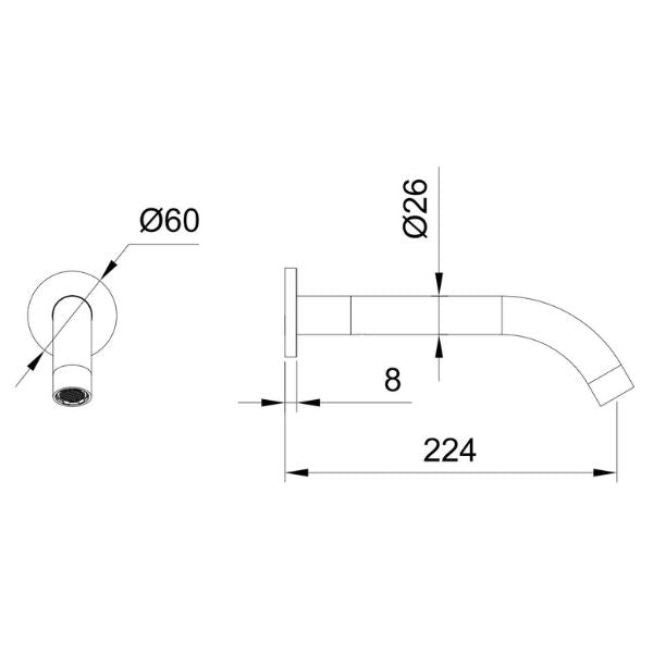 Technical Drawing - Indigo Alisa Bath/Basin 220mm Spout Chrome US5507CH