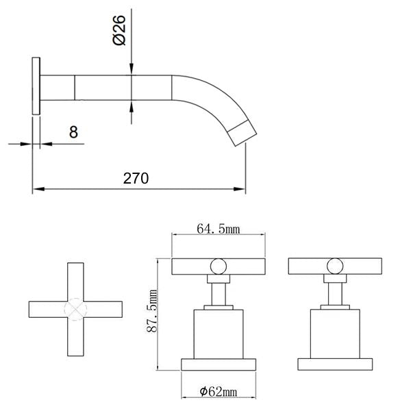 Technical Drawing Indigo Elite X Wall Basin/Bath Set 270mm Chrome US5005CH