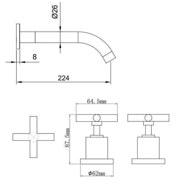 Technical Drawing - Indigo Elite X Wall Basin or Bath Set 220mm Chrome US5004CH