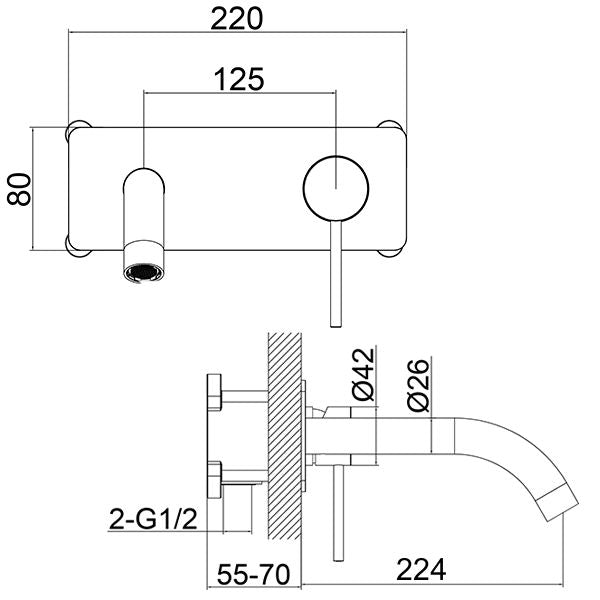 Technical Drawing - Indigo Alisa Wall Basin/Bath Mixer 220mm Chrome -  US5512CH