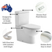 Indigo ridge toilet suite, designed in australia, 10 years warranty, soft close seat, stainless steel hinges, rimless bowl, easy to clean, chrome dual flush buttons