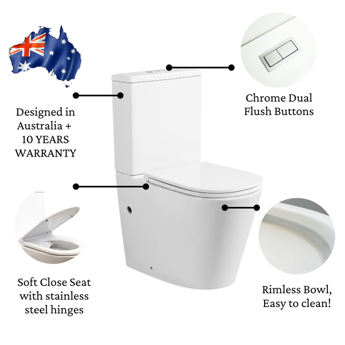 Indigo Cali toilet suite, designed in Australia, 10 years warranty, soft close seat, stainless steel hinges, rimless bowl, easy to clean, chrome dual flush buttons