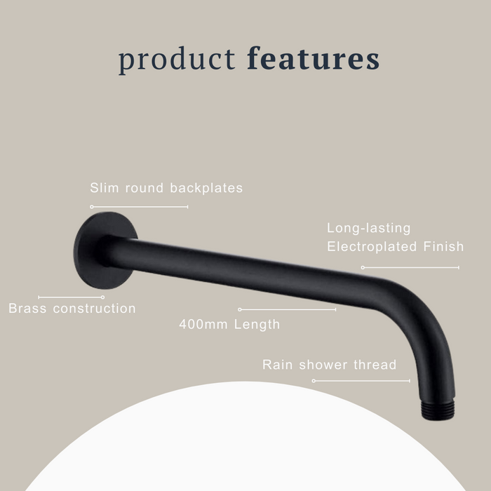 Indigo Ciara Wall Shower Arm 400mm Matte Black product features