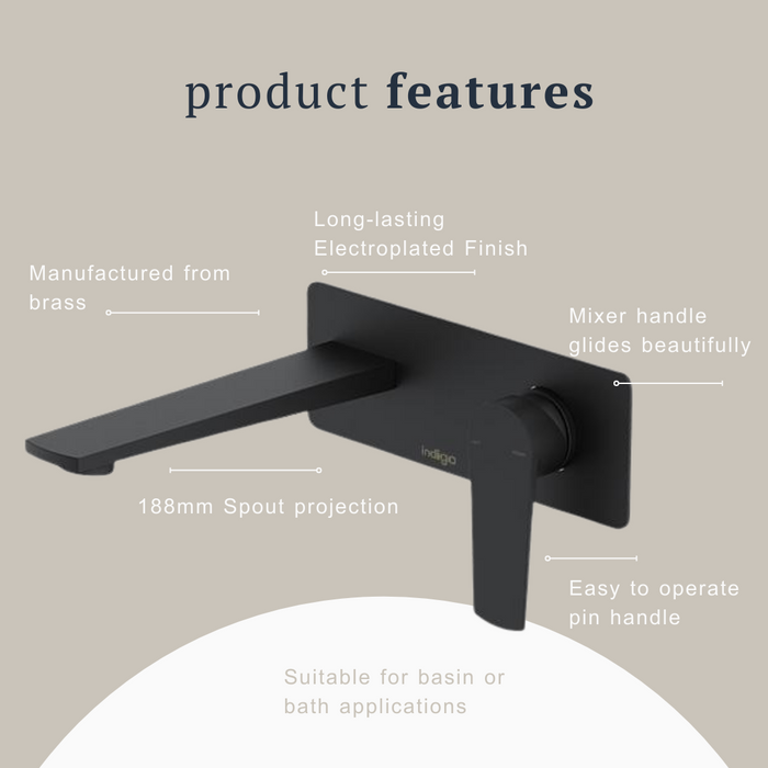 Indigo Savina Wall Basin/Bath Mixer 180mm Matte Black product features