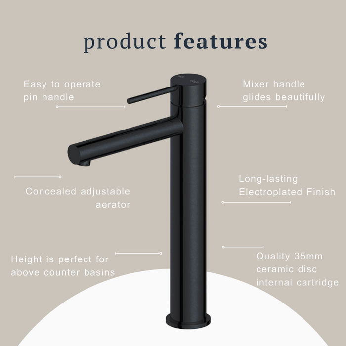 Indigo Alisa Tower Basin Mixer Matte Black Product features