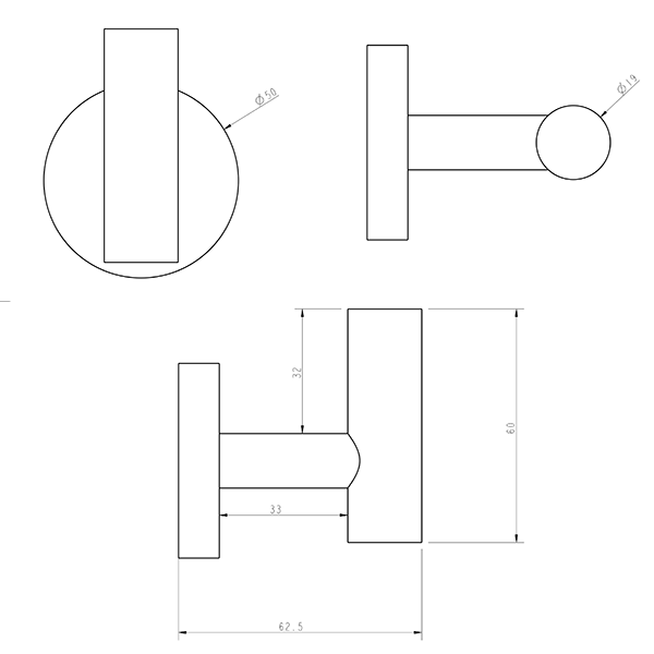 Technical Drawing - Indigo Ciara Wall Hook Chrome US1006BB