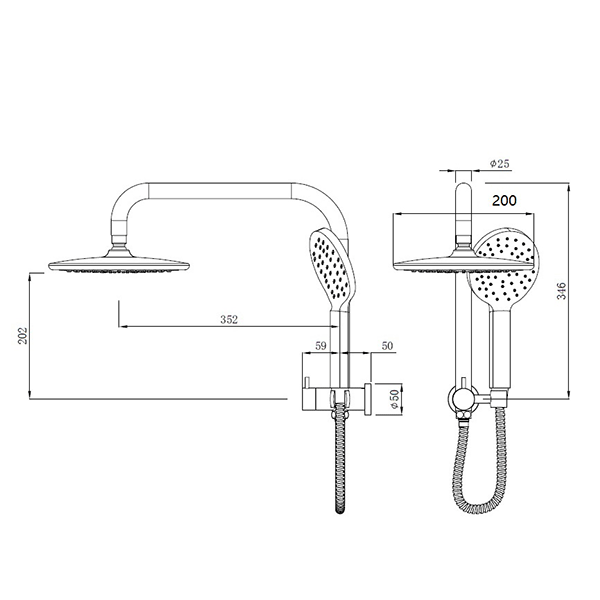 Technical Drawing - Indigo Ciara Twin Shower Matte Black US2003MB