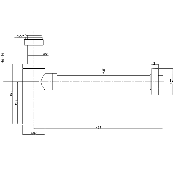 Technical Drawing - Indigo Ciara Bottle Trap 40mm Chrome US3000CH