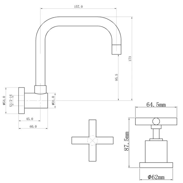 Technical Drawing - Indigo Elite X Wall Sink Set Chrome US5006CH