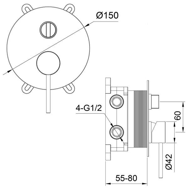 Technical Drawing - Indigo Alisa Bath/Shower Mixer With Diverter Matte Black US5511MB