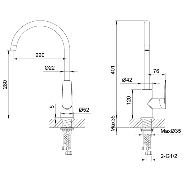 Technical Drawing - Indigo Savina Sink Mixer Chrome US5605CH