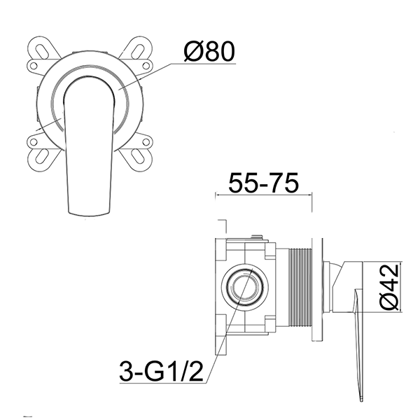 Technical Drawing - Indigo Savina Bath/Shower Mixer Matte Black US5606MB