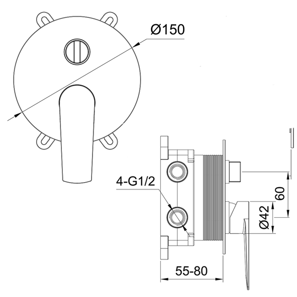 Technical Drawing - Indigo Savina Bath/Shower Mixer with Diverter Chrome US5607CH