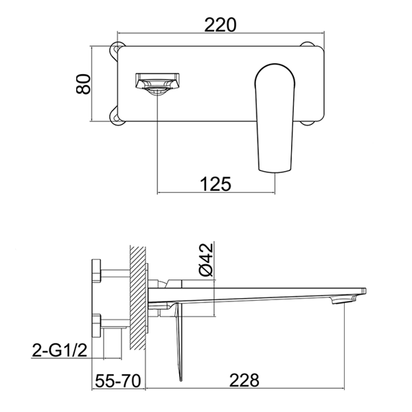 Technical Drawing - Indigo Savina Wall Basin/Bath Mixer 225mm Chrome US5609CH