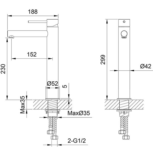 Technical Drawing - Indigo Alisa Tower Basin Mixer Matte Black US5506MB